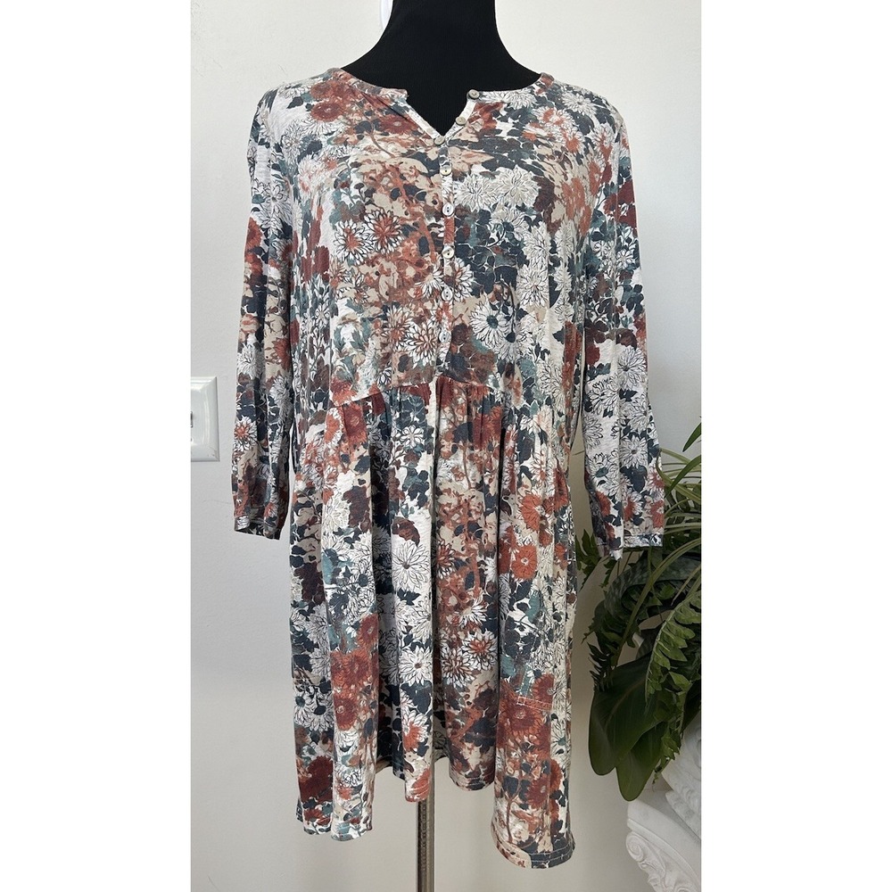 Peruvian Connection  Floral Long Sleeve Button Baby Doll Boho Blouse Top Sz L